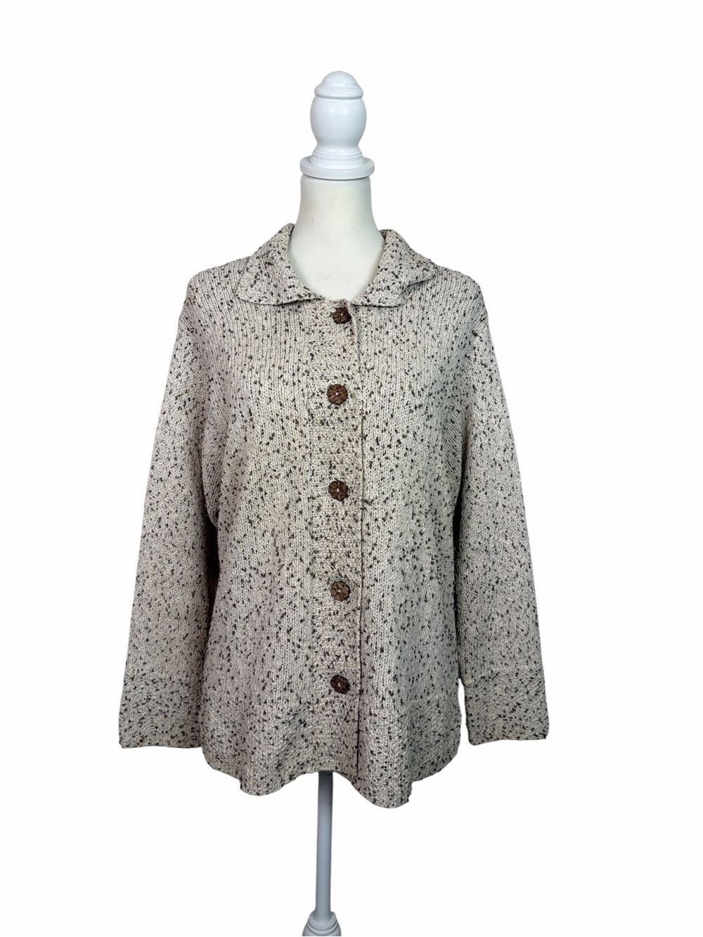 Woolrich Women’s Large Silk Cotton Speckled Cardigan Sweater Jacket Natural